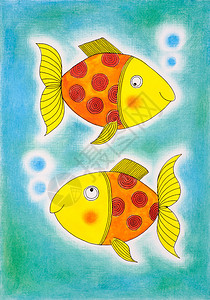 两条金鱼儿童画纸本水彩画背景图片