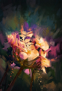 深色背景中五颜六色的花朵与油画风格图片