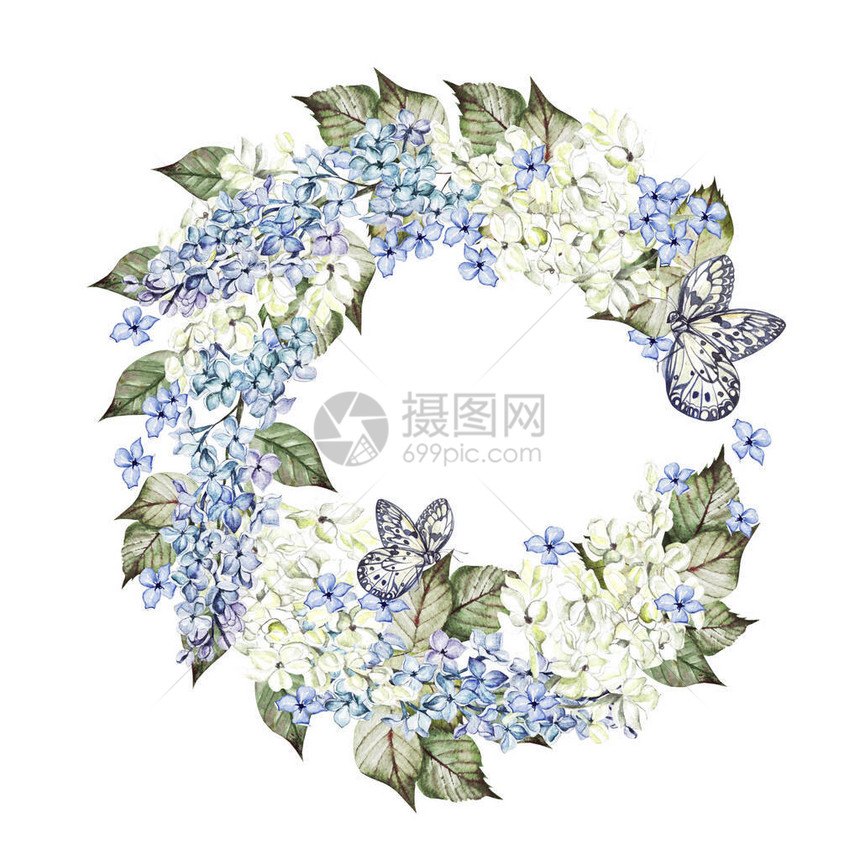 水彩婚礼花环与丁香花插图图片