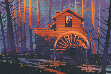 日落时在森林里带水车的木屋插图画背景图片