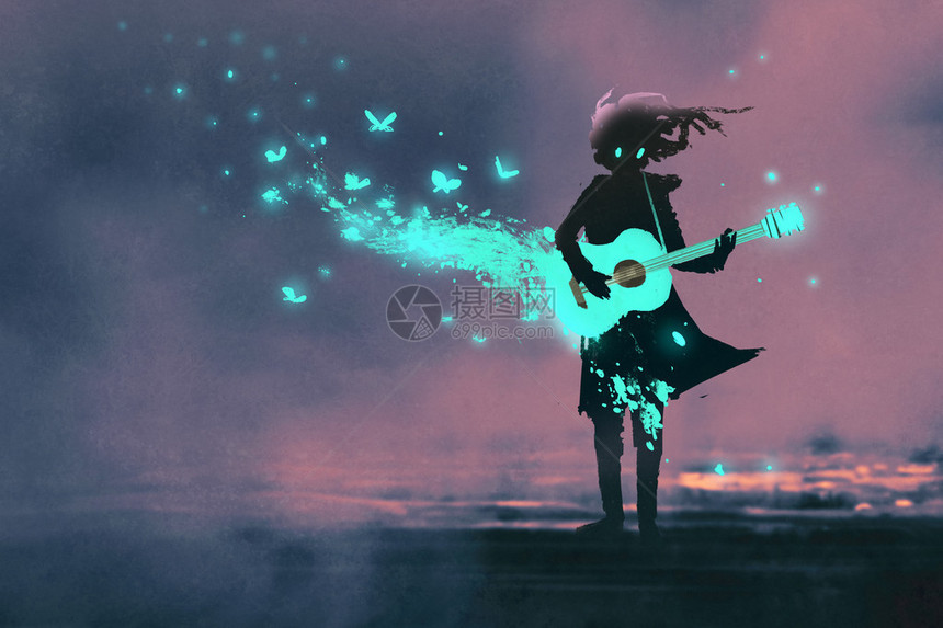 女孩弹吉他用蓝光和发光的蝴图片