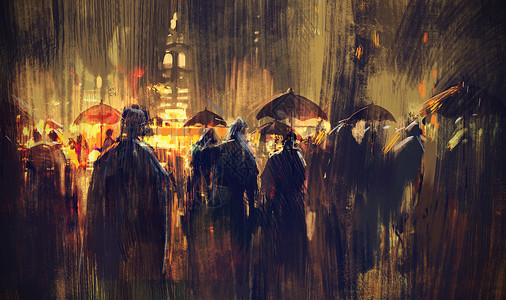 夜晚撑着雨伞的人群插画图片