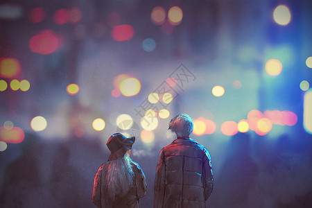 情侣在晚上走在城市街道上的背影插图画背景图片
