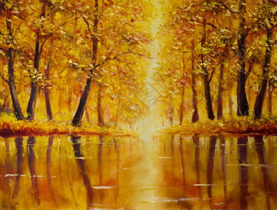 画布上秋天森林里的河流原创油画现代印象派图片