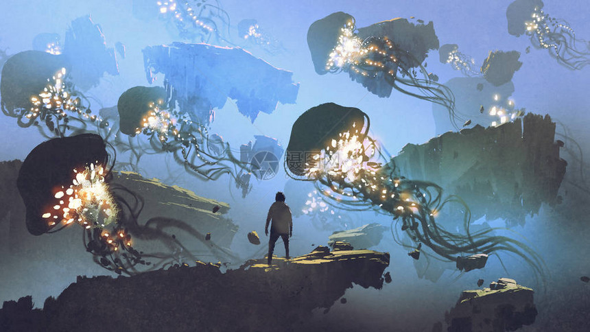 一个男人梦幻般的景象看着天上漂浮的巨型水母数字艺术图片