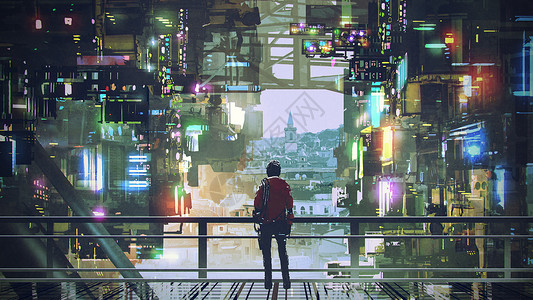 站在阳台上的男人看着未来城市光亮多彩数字艺术风格插背景图片