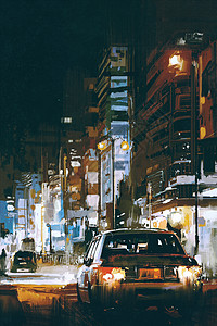 晚上在市街的汽车数字艺术配有彩色图片