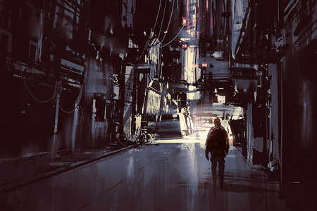 男人独自在黑暗城市中行图片