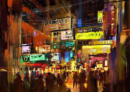 夜街上的人群插图画背景图片