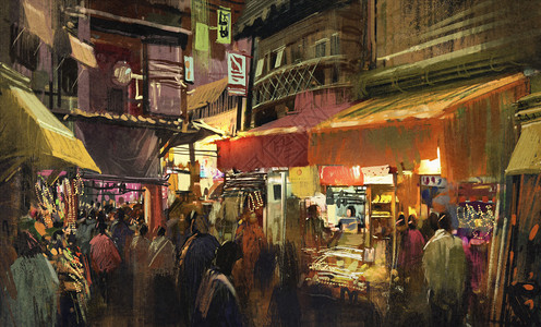 晚上在市场上行走的人群数字绘画图片