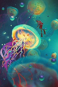 大水母和在幻想水下潜水的巨型水母和潜水员i图片