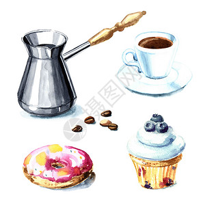 手绘水彩咖啡时间插图图片