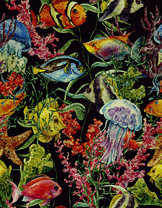 水彩海生物无缝背景水下生颜色图海藻星鱼珊瑚阿尔盖耶lyfis背景图片