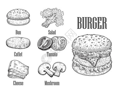 芝士焗西兰花Burger手绘风格Buurger组件Burger插画
