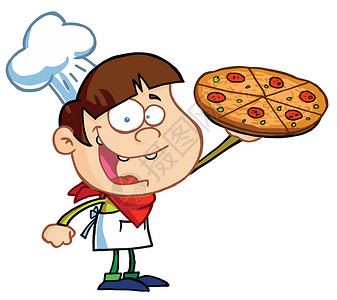 展示美味比萨的男孩厨师图片