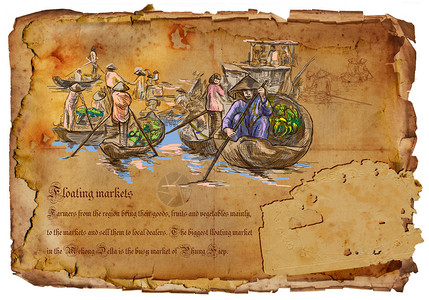 河内手画插图旅行越南浮动市场用老旧的设计图片