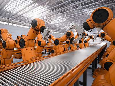 工厂内3D制成机器人装配线的自动背景图片