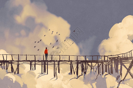 人站在云中的老桥上插图画背景图片