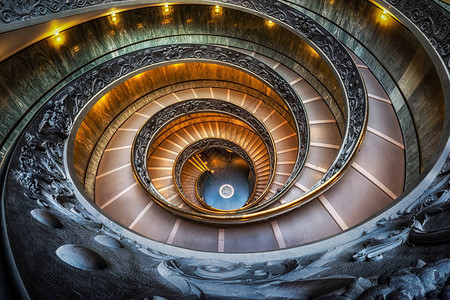 梵蒂冈博物馆螺旋楼梯用鱼眼镜头拍摄在背景图片