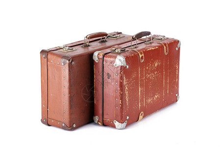 两件白色的皮棕色旧式手提箱背景图片