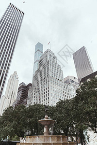 位于美国纽约的摩天大楼树木和城市喷泉的背景图片