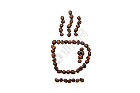 白色孤立的烤咖啡豆咖啡杯符号的近视镜图片