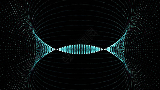金沙粒子动画霓虹灯点移动隧道动画黑色背景上的数字抽象发光隧道侧面的图形发光漏斗粒子的旋转门插画