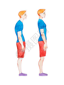 正确和错误姿势的人水彩插图比较具有正常健康脊柱和异常患病脊柱图片