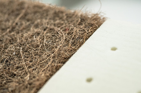 椰子纤维床垫椰子壳和自然对位乳胶橡用于生产床垫的磨碎的椰子壳椰壳在工厂压榨椰背景图片