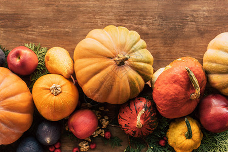 秋季收获的水果和蔬菜的顶视图图片