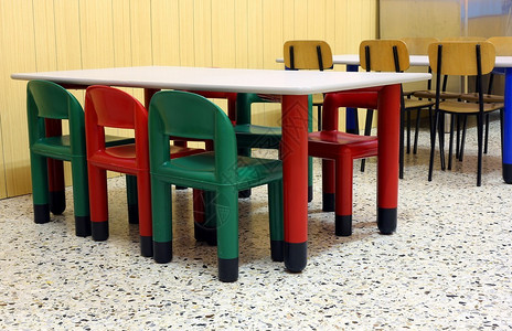 幼儿园食堂餐厅的彩色小桌椅图片