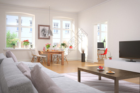 带客厅和用餐区的舒适公寓的3D渲染图片