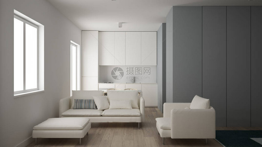 一卧室公寓的极简主义小厨房带沙发扶手椅和坐垫凳的客厅镶木地板白色室内设计干图片