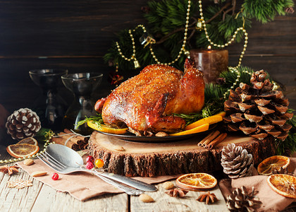 烤鸡或火鸡用于圣诞晚餐和新年图片