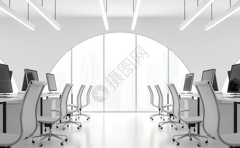 现代白色办公室最小风格3d渲染有白色房间配有白色家具有拱形窗图片