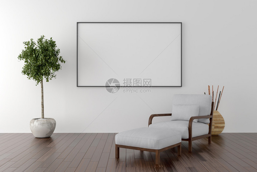 单椅和空白相框背景3d渲染图片