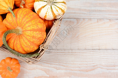 包含秋季装饰南瓜和古尔德的篮子的高角度图像水平格式在白木桌上图片