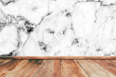 具有白色大理石墙体纹理的木地板用于展示图片