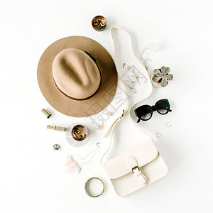 平躺时尚创意女配饰布置钱包帽子太阳镜女图片