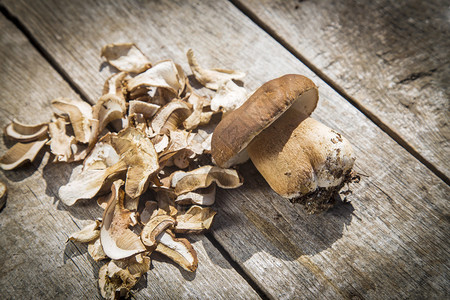 木制桌上的一棵薄荷干蘑菇背景图片