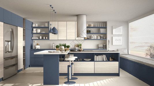 现代木制厨房配有木制细节和全景窗户白色和蓝色简约室内设计图片