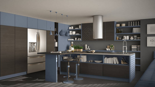 现代木制厨房配有木制细节灰色和蓝色图片