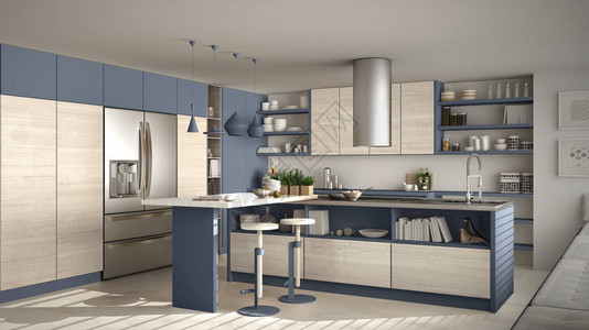 现代木制厨房配有木制细节白色和蓝色图片