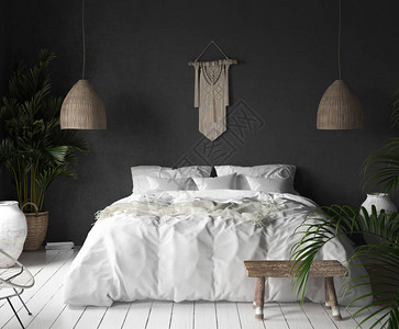 室内卧室内有黑墙布霍风格装饰和白图片