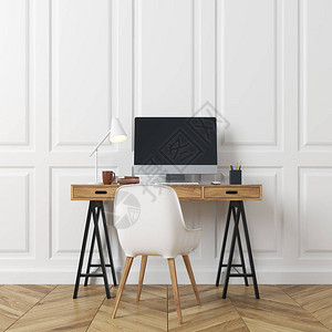 空荡的房间内部有白色的矩形图案墙壁和浅色木地板有一张木制的电脑桌和一把白色的椅子一个新的和舒适的住宿的概念3背景图片