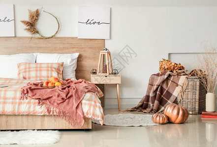 时尚的室内装饰有舒适的大床图片