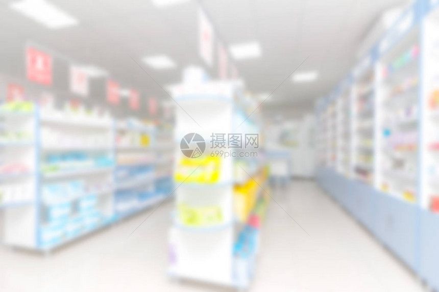 药店中药品和其他货物的架子模糊抽象背图片