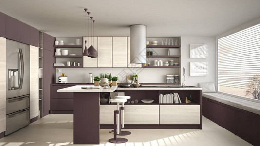 现代木制厨房配有木制细节和全景窗户白色和红色简约的室内设计图片