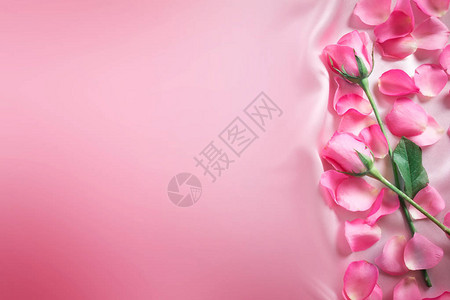 一个花束甜美的粉红玫瑰花瓣在柔软的粉红丝织物上图片