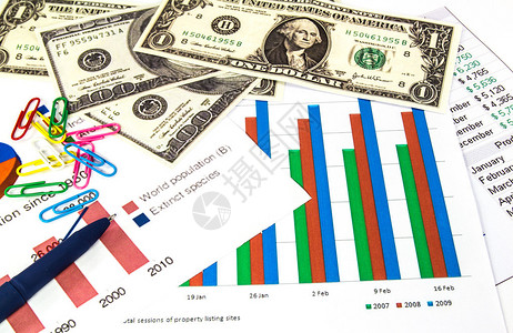 商业构成市场分析收入表财务图表美元和蓝笔图片
